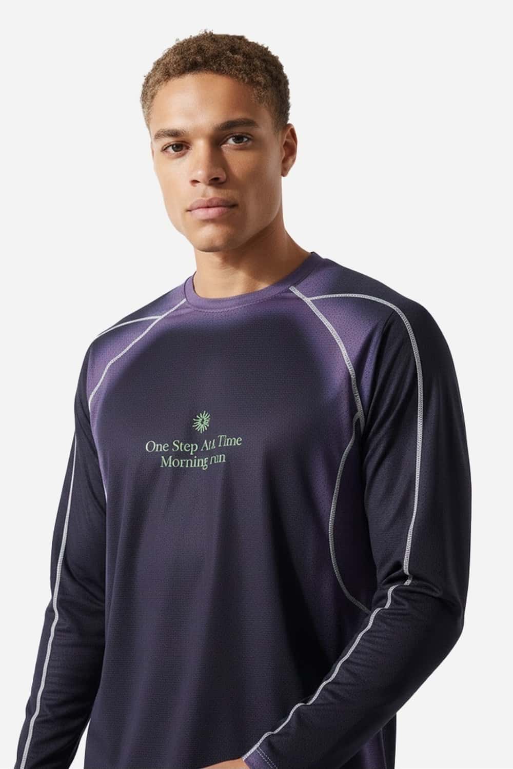 Morning Run Mesh-Panel Long-Sleeve T-Shirt in Black - front modeled close-up