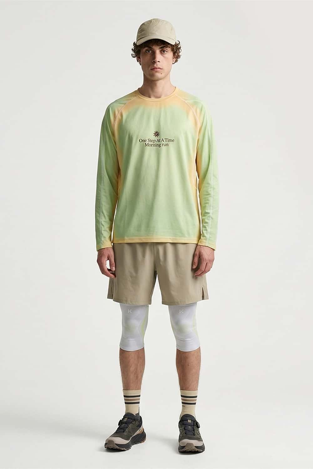 Morning Run Mesh-Panel Long-Sleeve T-Shirt in Green - full-length front modeled view