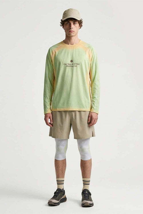 Morning Run Mesh-Panel Long-Sleeve T-Shirt in Green - full-length front modeled view