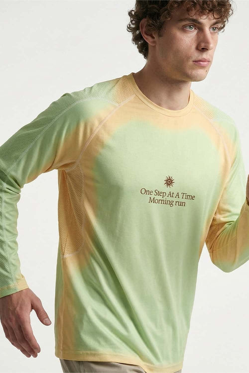 Morning Run Mesh-Panel Long-Sleeve T-Shirt in Green - front modeled close-up