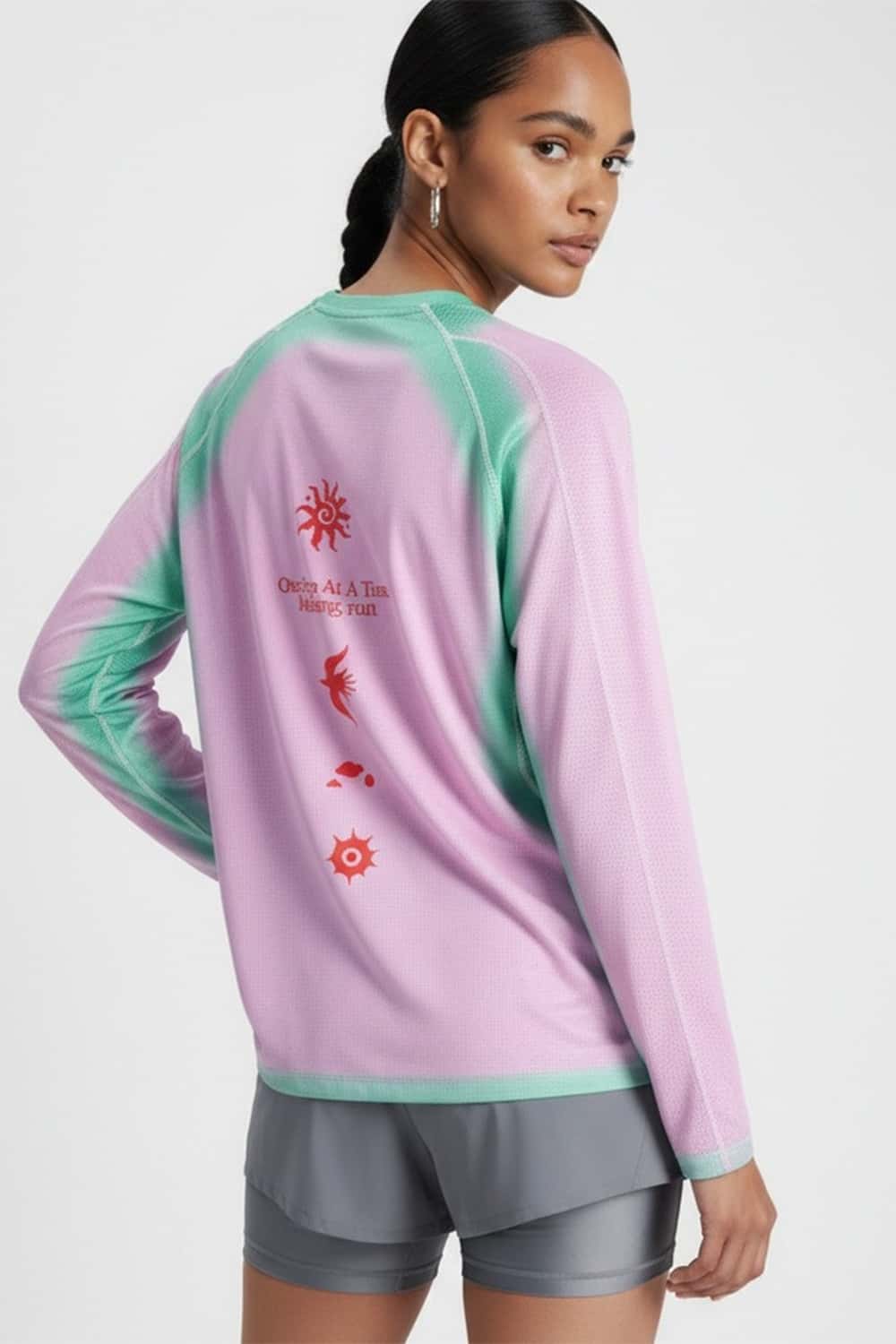 Morning Run Mesh-Panel Long-Sleeve T-Shirt in Pink - rear three-quarter modeled view