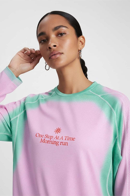 Morning Run Mesh-Panel Long-Sleeve T-Shirt in Pink - product detail close-up
