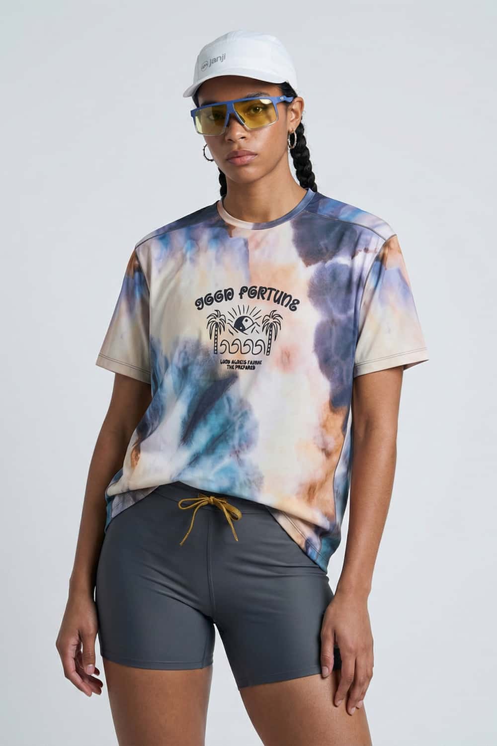 Breathable High-Stretch Yin-Yang Graphic T-Shirt in Grayish Blue - front modeled view