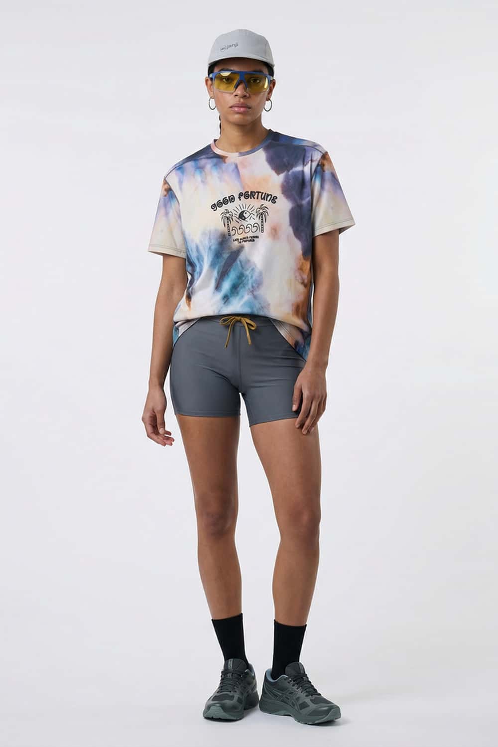 Breathable High-Stretch Yin-Yang Graphic T-Shirt in Grayish Blue - full-length front modeled view
