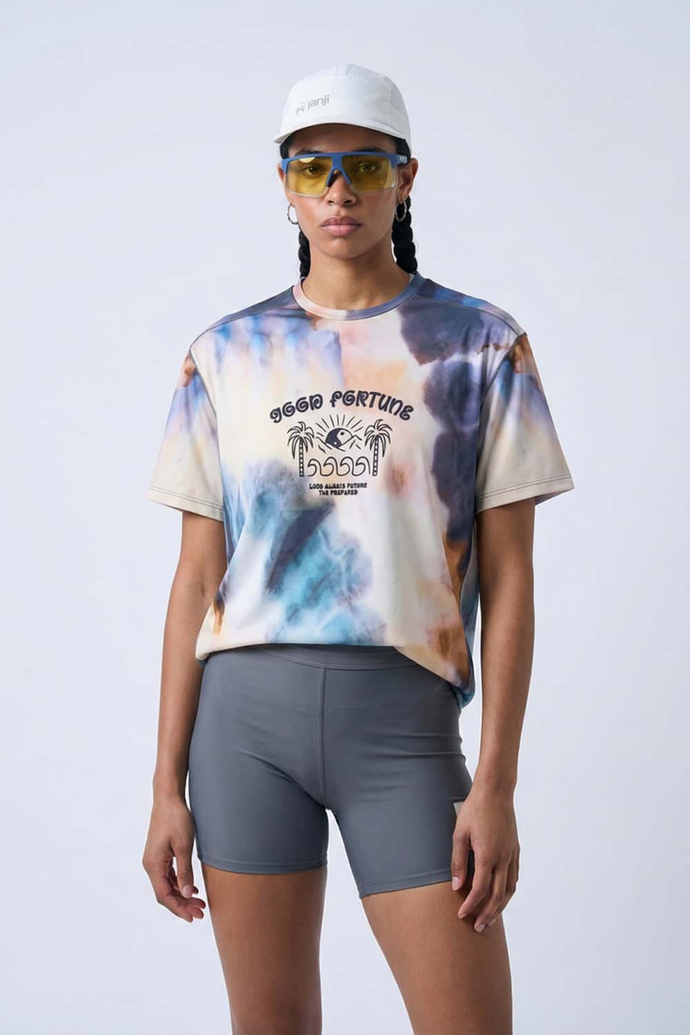 Breathable High-Stretch Yin-Yang Graphic T-Shirt in Grayish Blue - front modeled view