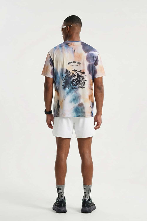 Breathable High-Stretch Yin-Yang Graphic T-Shirt in Grayish Blue - full-length back modeled view