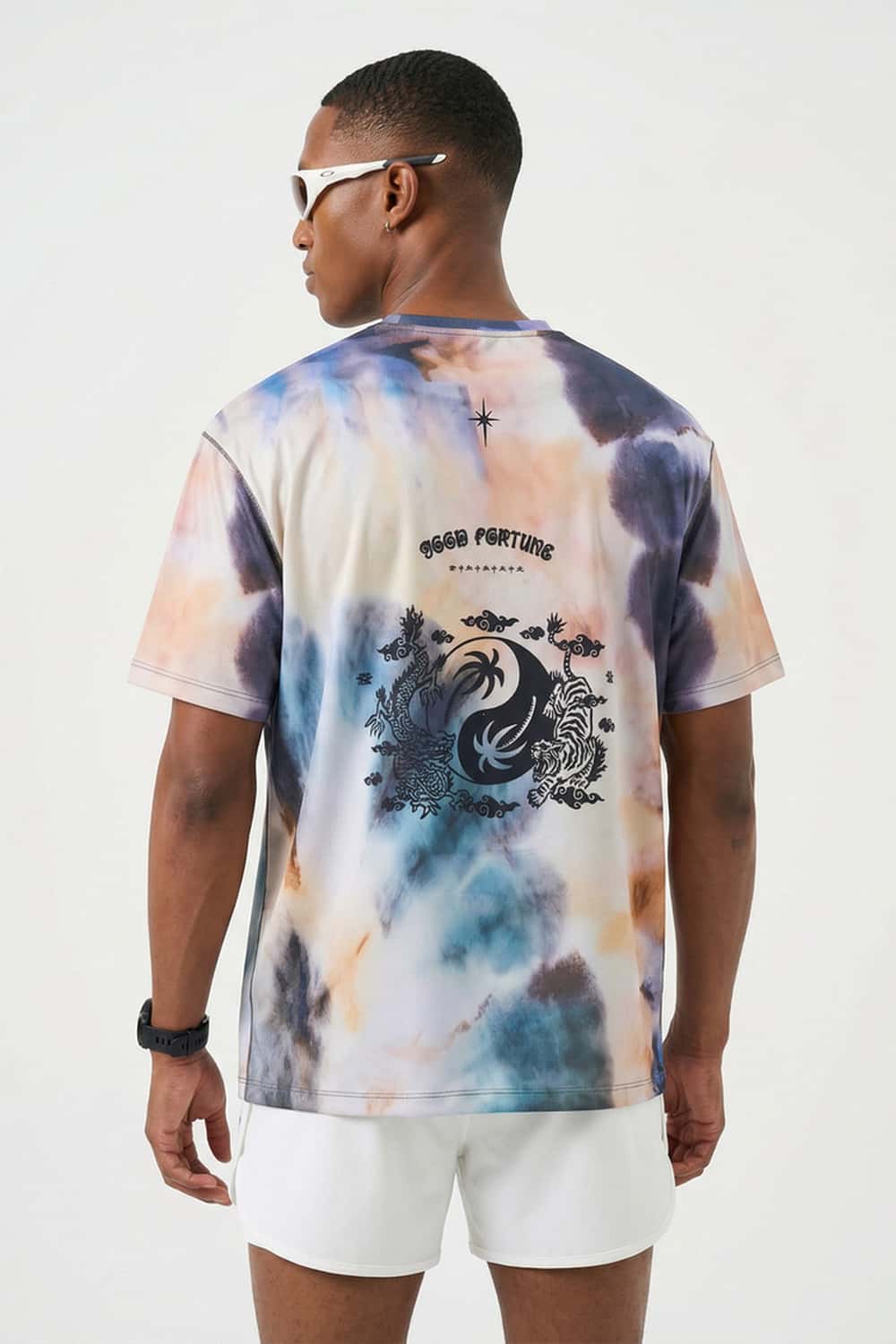 Breathable High-Stretch Yin-Yang Graphic T-Shirt in Grayish Blue - back modeled view