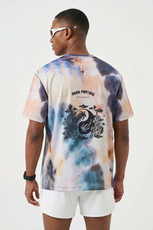 Breathable High-Stretch Yin-Yang Graphic T-Shirt in Grayish Blue - back modeled view