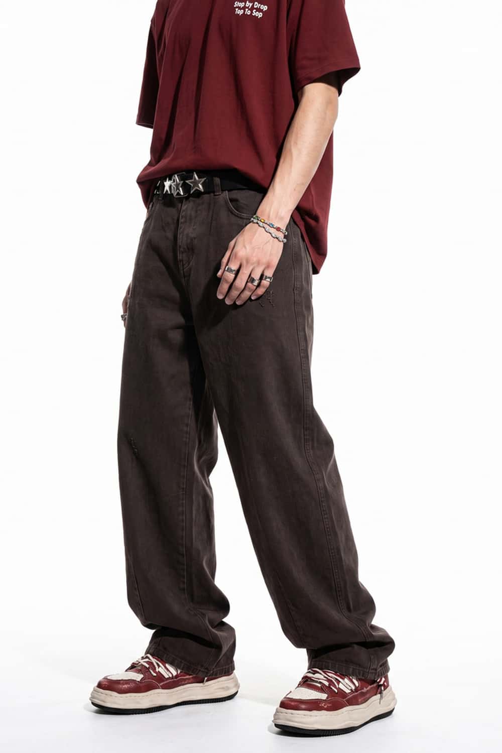 Curved-Leg Washed Cotton Pants in Coffee - front modeled view