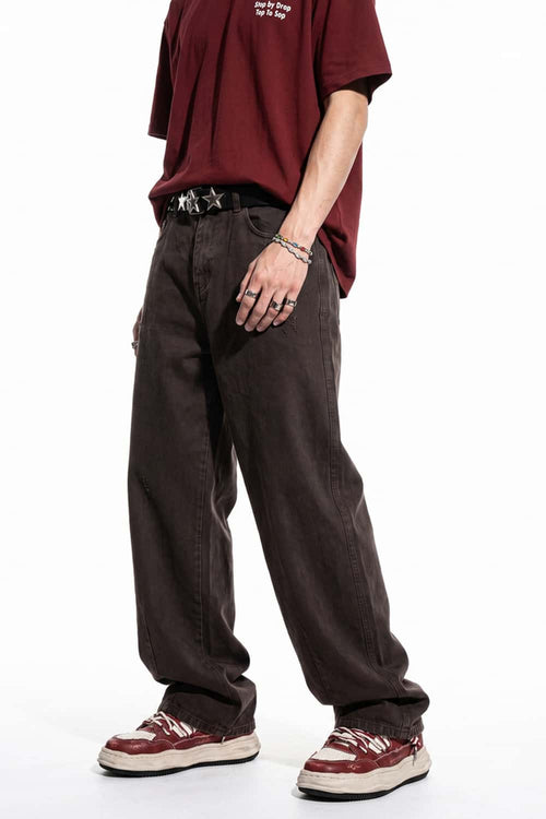 Curved-Leg Washed Cotton Pants in Coffee - front modeled view