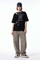 Curved-Leg Washed Cotton Pants in Khaki - full-length front modeled view
