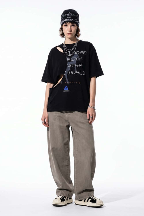 Curved-Leg Washed Cotton Pants in Khaki - full-length front modeled view