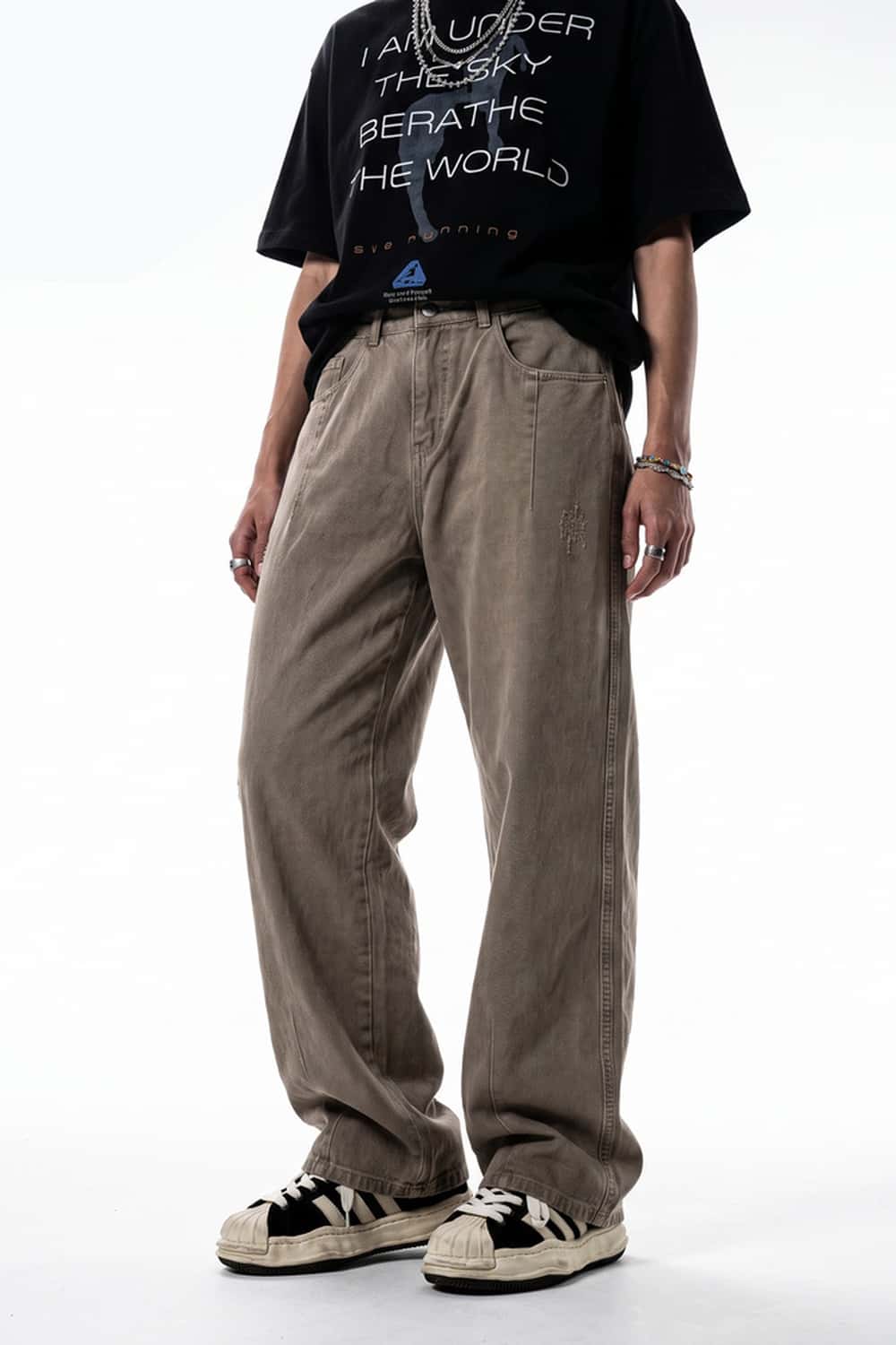 Curved-Leg Washed Cotton Pants in Khaki - front modeled view