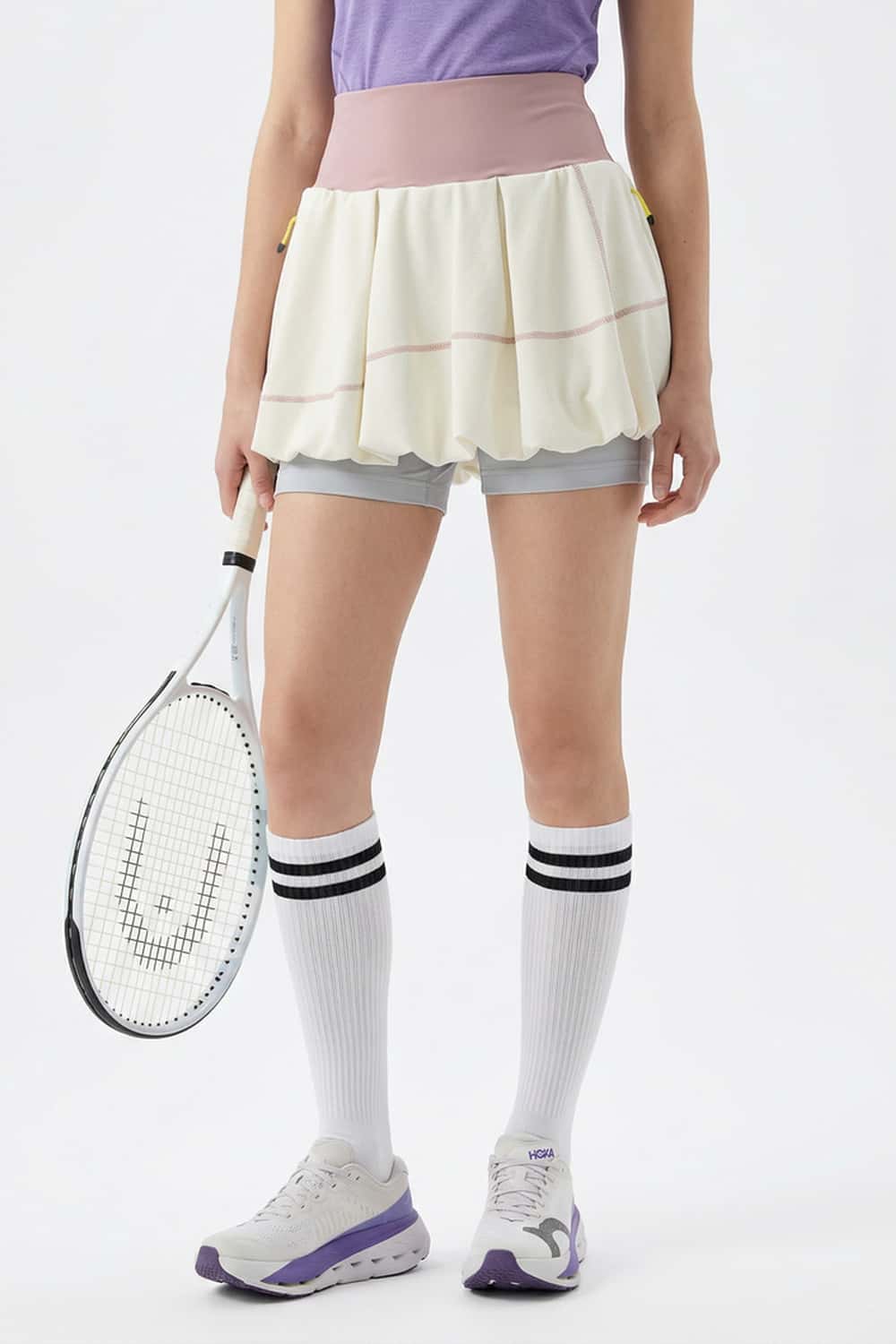 Gathered Skort with Built-In Shorts in Beige - front modeled view