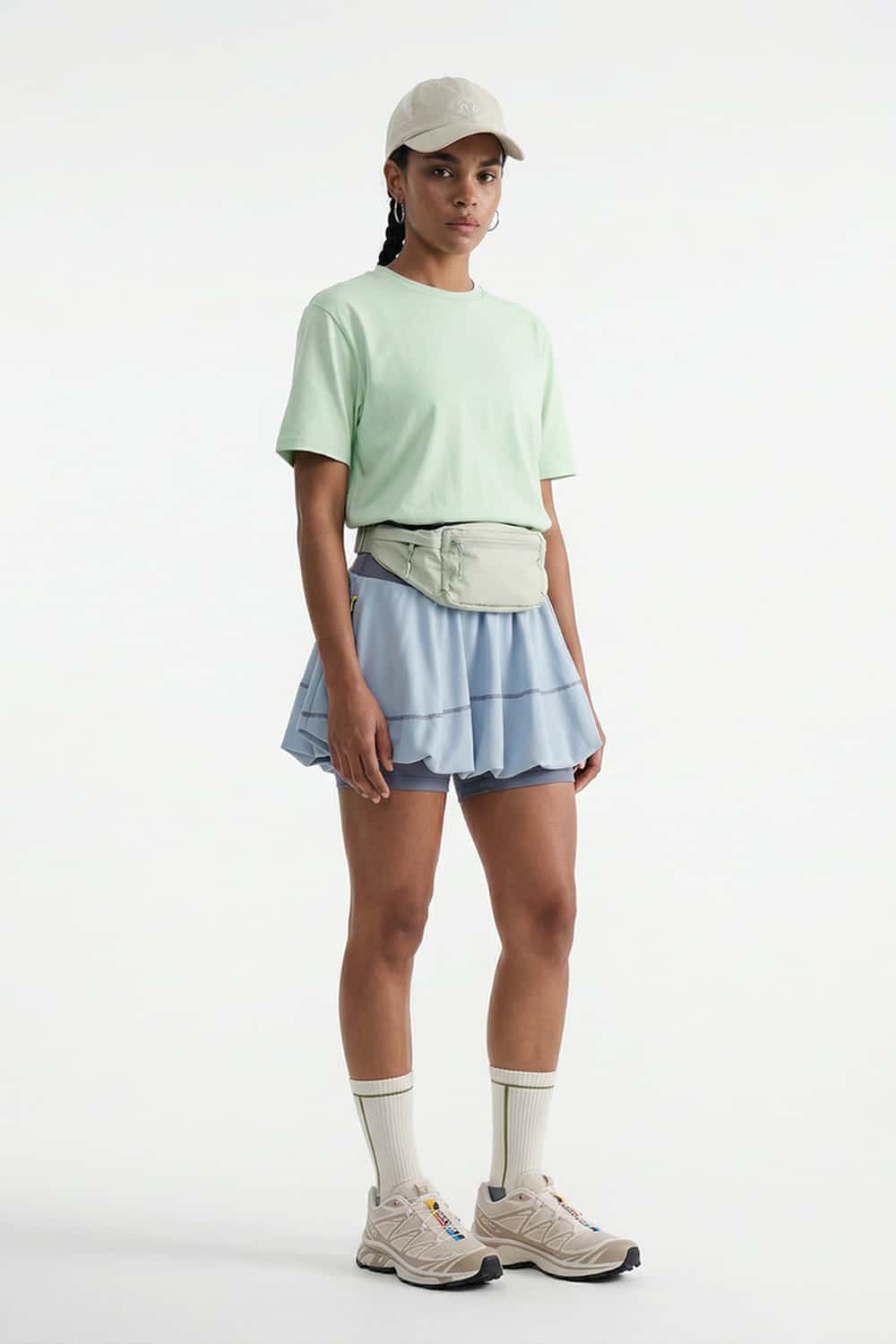 Gathered Skort with Built-In Shorts in Blue - full-length front modeled view