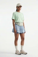 Gathered Skort with Built-In Shorts in Blue - full-length front modeled view
