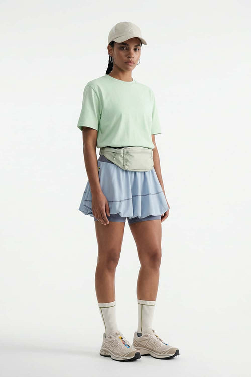 Gathered Skort with Built-In Shorts in Blue - full-length front modeled view