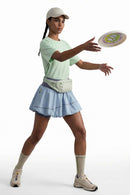 Gathered Skort with Built-In Shorts in Blue - front modeled view