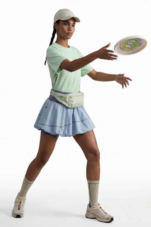 Gathered Skort with Built-In Shorts in Blue - front modeled view