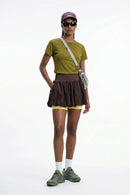 Gathered Skort with Built-In Shorts in Coffee - full-length front modeled view