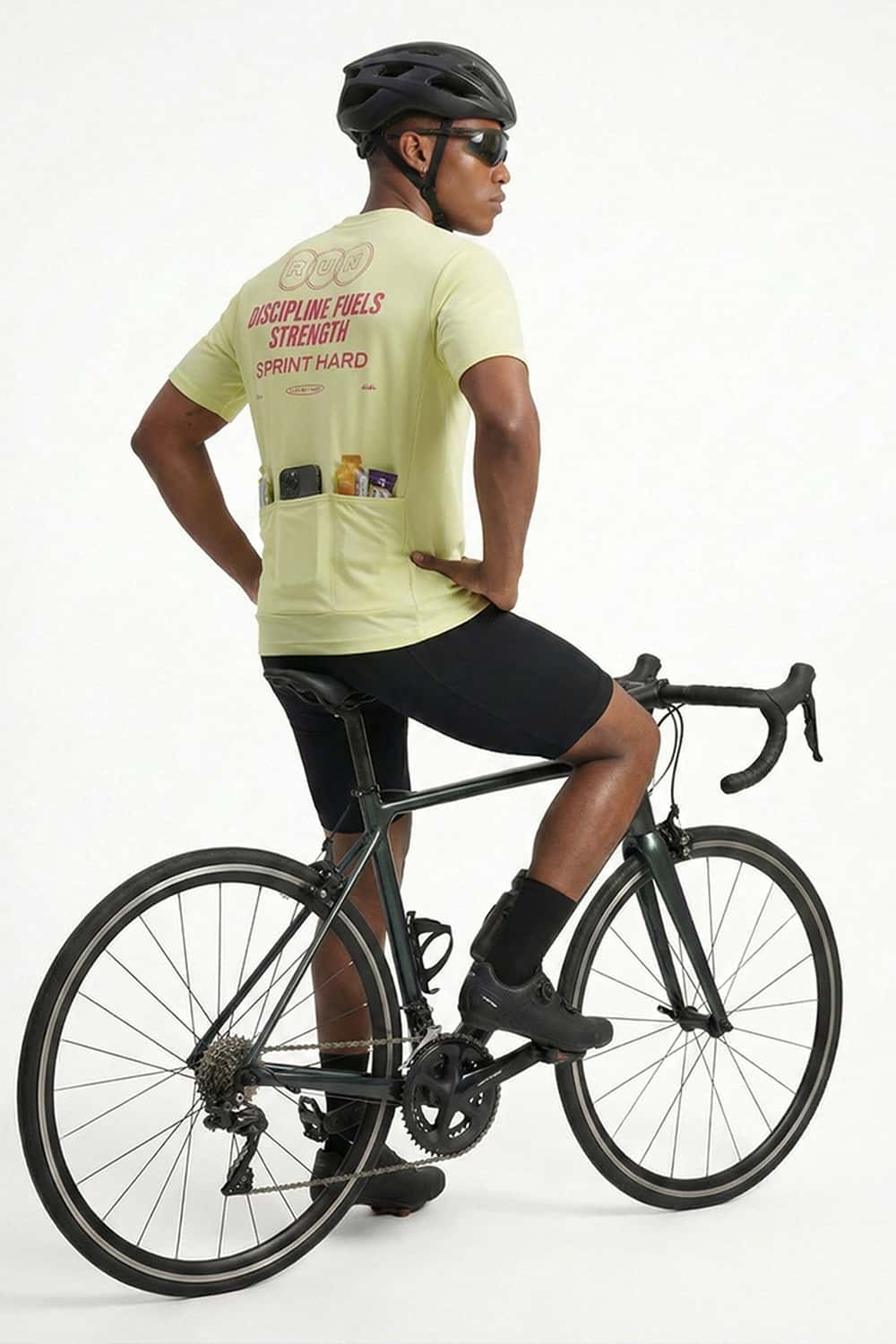 Trail-Running T-Shirt with Back Storage in Fluorescent Green - rear three-quarter modeled view
