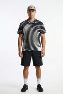 Breathable Stretch T-Shirt with Planet Graphics in Charcoal - full-length front modeled view