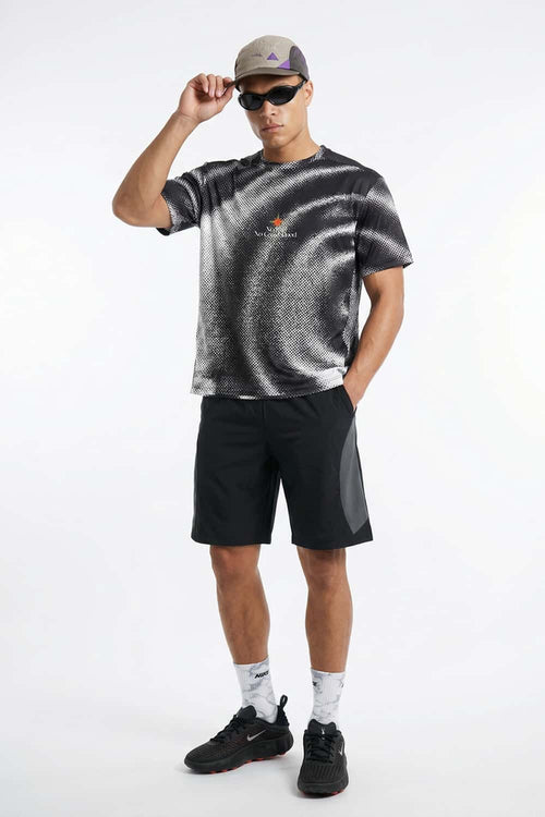 Breathable Stretch T-Shirt with Planet Graphics in Charcoal - full-length front modeled view