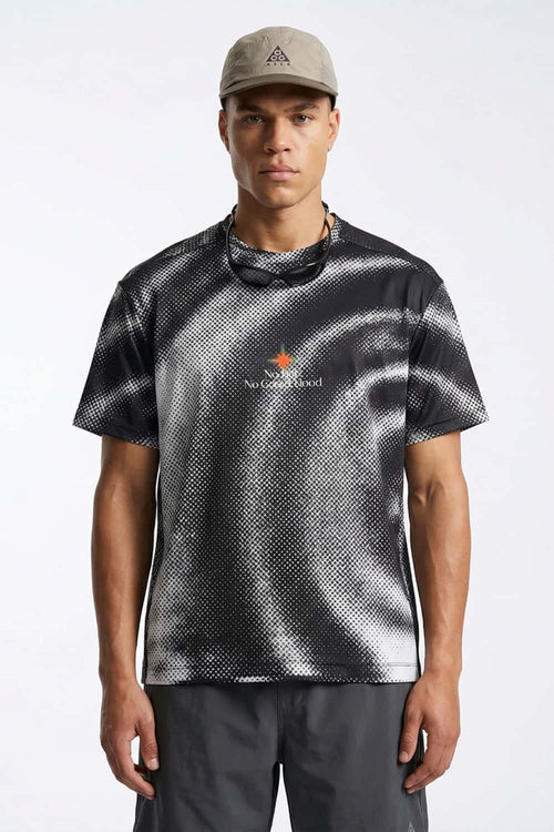 Breathable Stretch T-Shirt with Planet Graphics in Charcoal - front modeled close-up