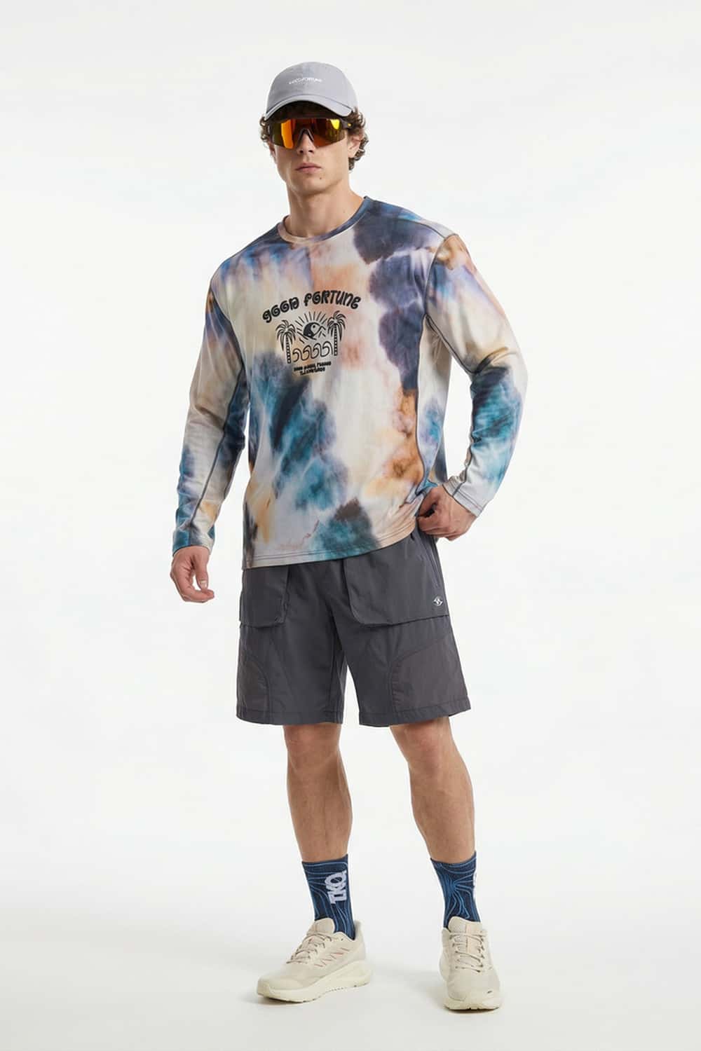 Breathable Good Fortune Graphic Long-Sleeve T-Shirt in Grayish Blue - full-length front modeled view