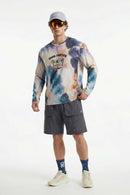 Breathable Good Fortune Graphic Long-Sleeve T-Shirt in Grayish Blue - full-length front modeled view