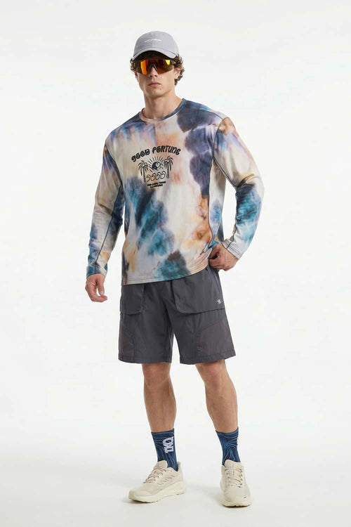 Breathable Good Fortune Graphic Long-Sleeve T-Shirt in Grayish Blue - full-length front modeled view