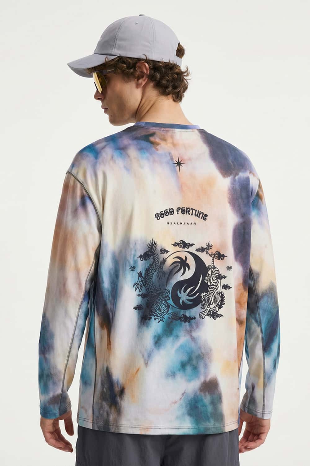 Breathable Good Fortune Graphic Long-Sleeve T-Shirt in Grayish Blue - full-length back modeled view