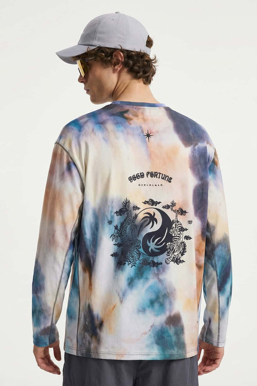Breathable Good Fortune Graphic Long-Sleeve T-Shirt in Grayish Blue - full-length back modeled view