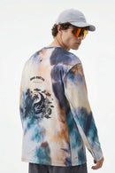 Breathable Good Fortune Graphic Long-Sleeve T-Shirt in Grayish Blue - rear three-quarter modeled view