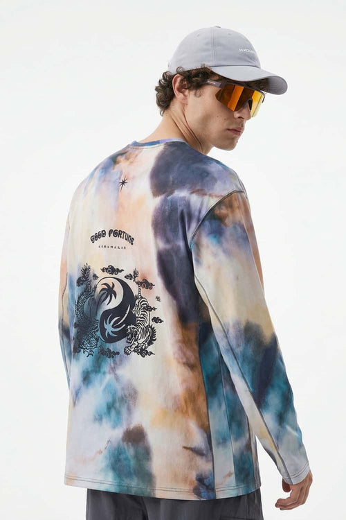 Breathable Good Fortune Graphic Long-Sleeve T-Shirt in Grayish Blue - rear three-quarter modeled view