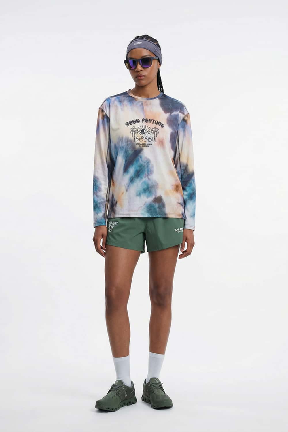Breathable Good Fortune Graphic Long-Sleeve T-Shirt in Grayish Blue - full-length front modeled view