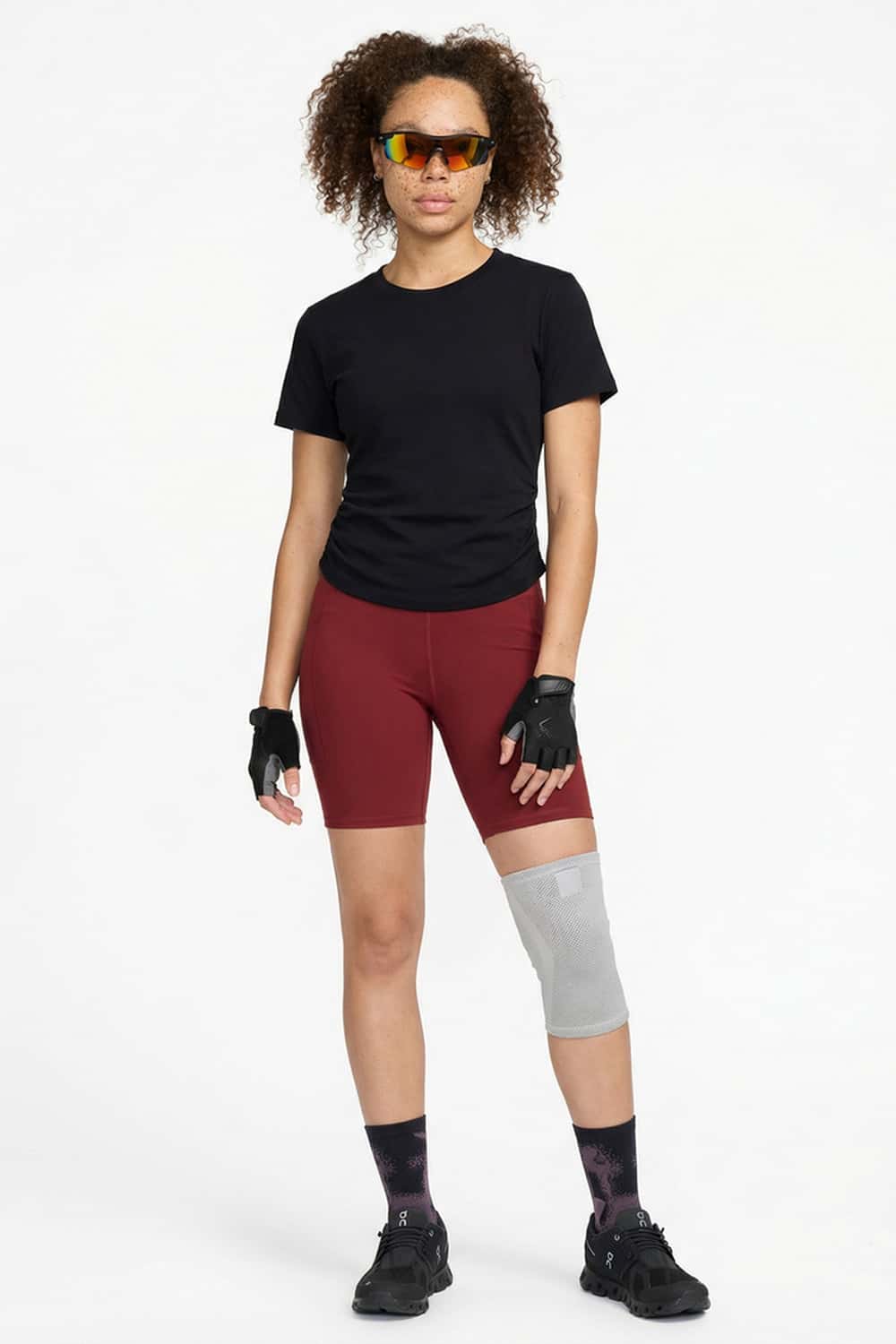 Cool-Touch Ruched-Side Fitted T-Shirt in Black - full-length front modeled view