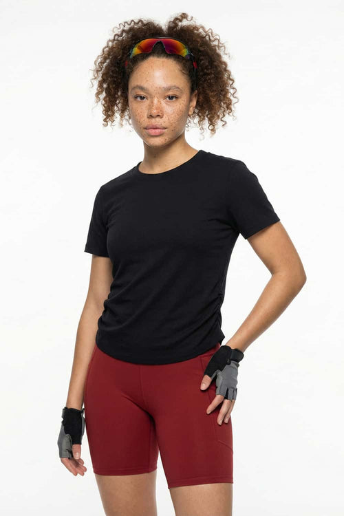 Cool-Touch Ruched-Side Fitted T-Shirt in Black - front modeled view