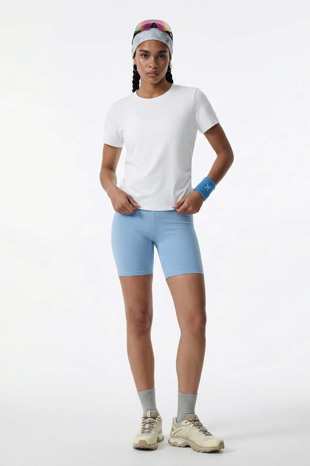 Cool-Touch Ruched-Side Fitted T-Shirt in Off White - full-length front modeled view