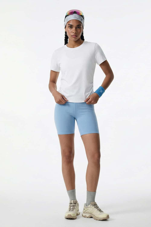 Cool-Touch Ruched-Side Fitted T-Shirt in Off White - full-length front modeled view