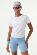Cool-Touch Ruched-Side Fitted T-Shirt in Off White - front modeled view
