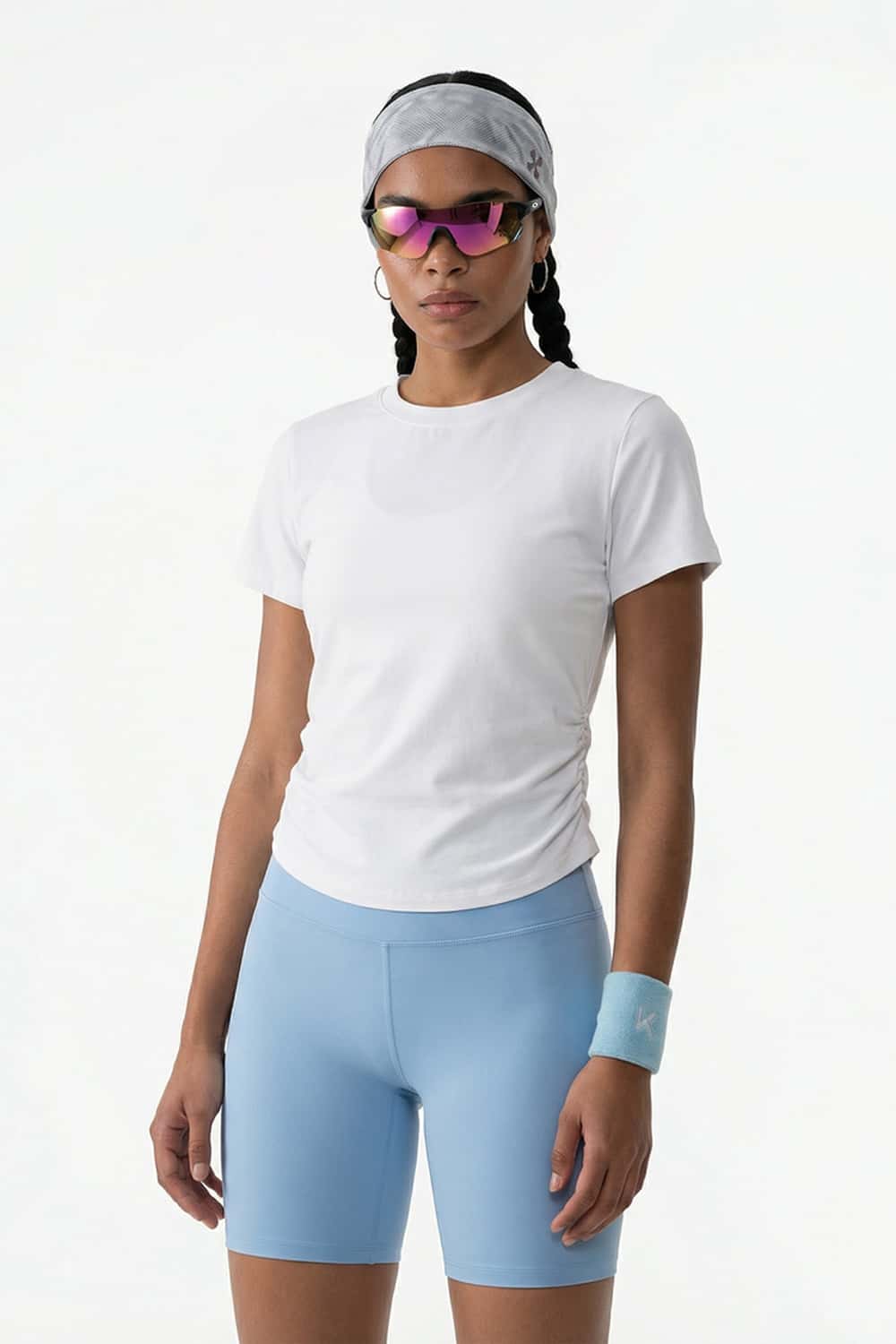Cool-Touch Ruched-Side Fitted T-Shirt in Off White - front modeled view