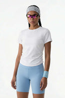 Cool-Touch Ruched-Side Fitted T-Shirt in Off White - front modeled view