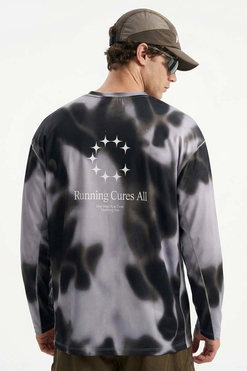 Quick-Drying Running Graphic Long-Sleeve T-Shirt in Charcoal - full-length back modeled view