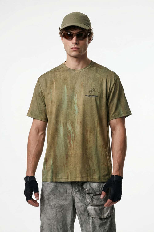 Breathable Abstract Graphic Sports T-Shirt in Sand Stone - full-length front modeled view
