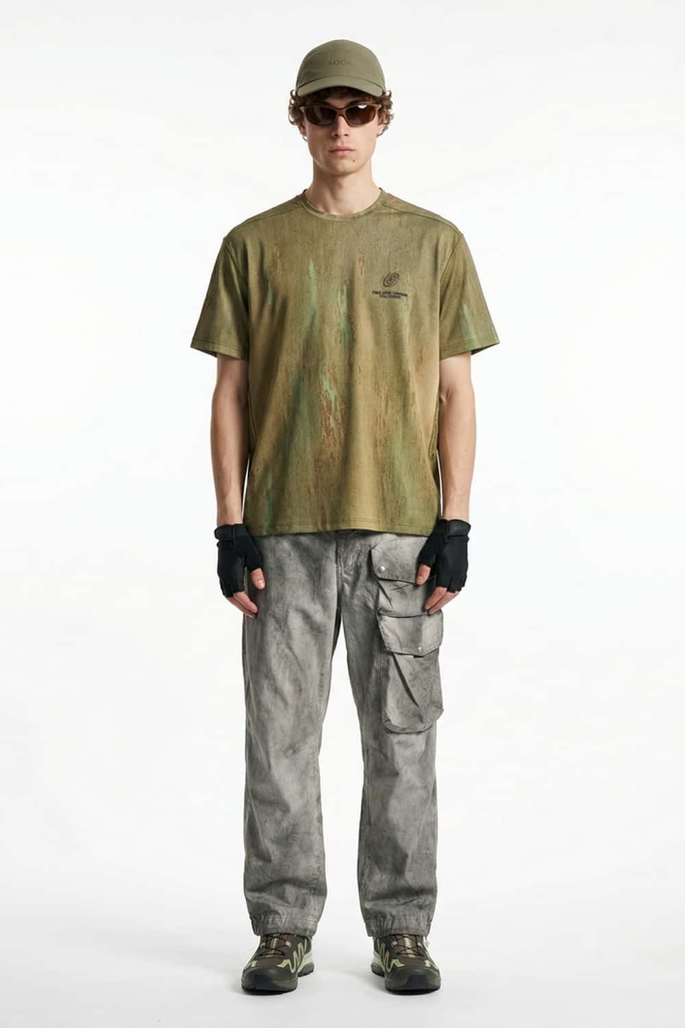 Breathable Abstract Graphic Sports T-Shirt in Sand Stone - full-length front modeled view
