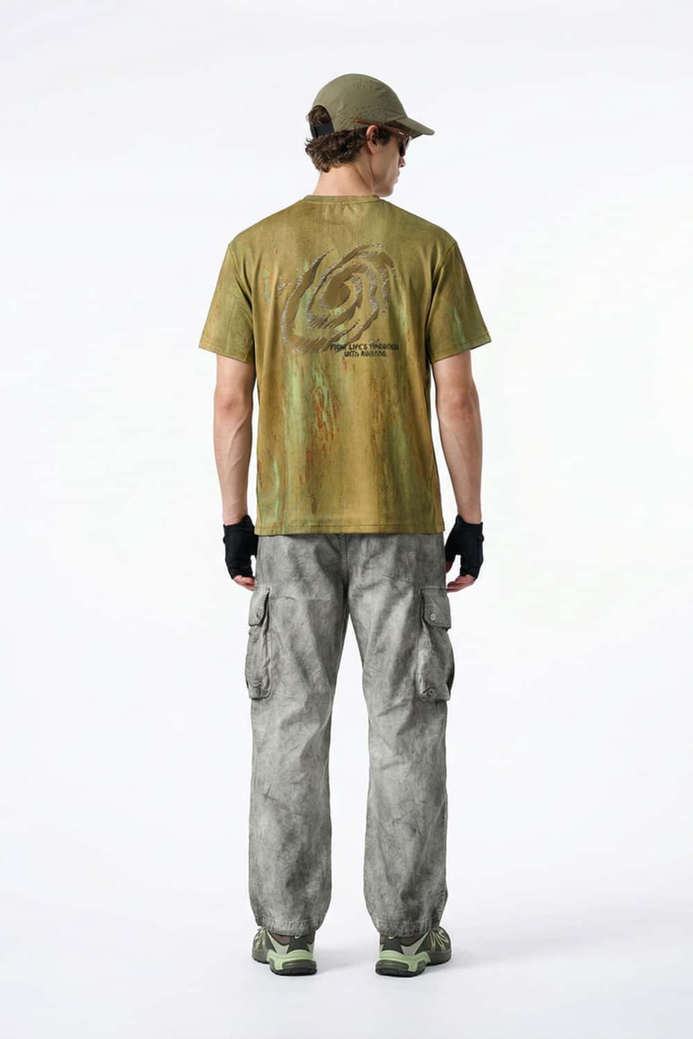 Breathable Abstract Graphic Sports T-Shirt in Sand Stone - full-length back modeled view
