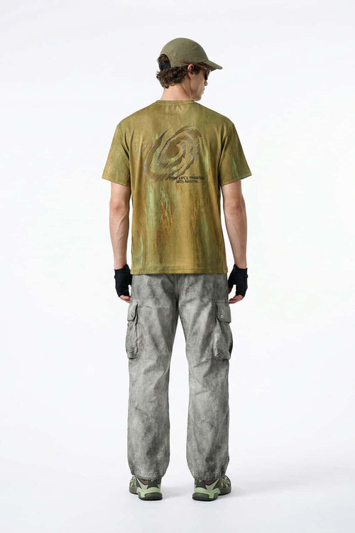 Breathable Abstract Graphic Sports T-Shirt in Sand Stone - full-length back modeled view