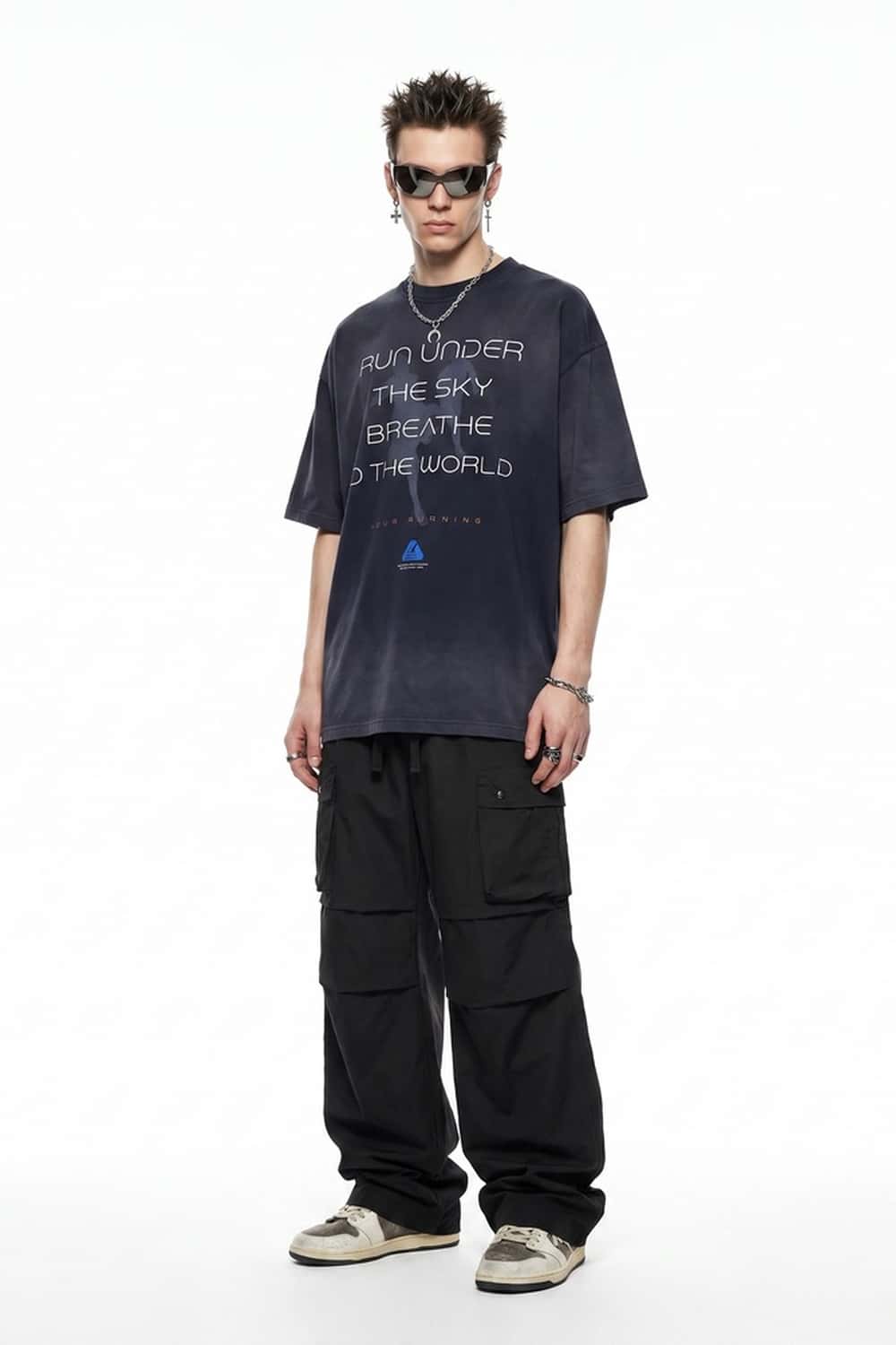 Drawstring Wide-Leg Cargo Trousers in Black - full-length front modeled view