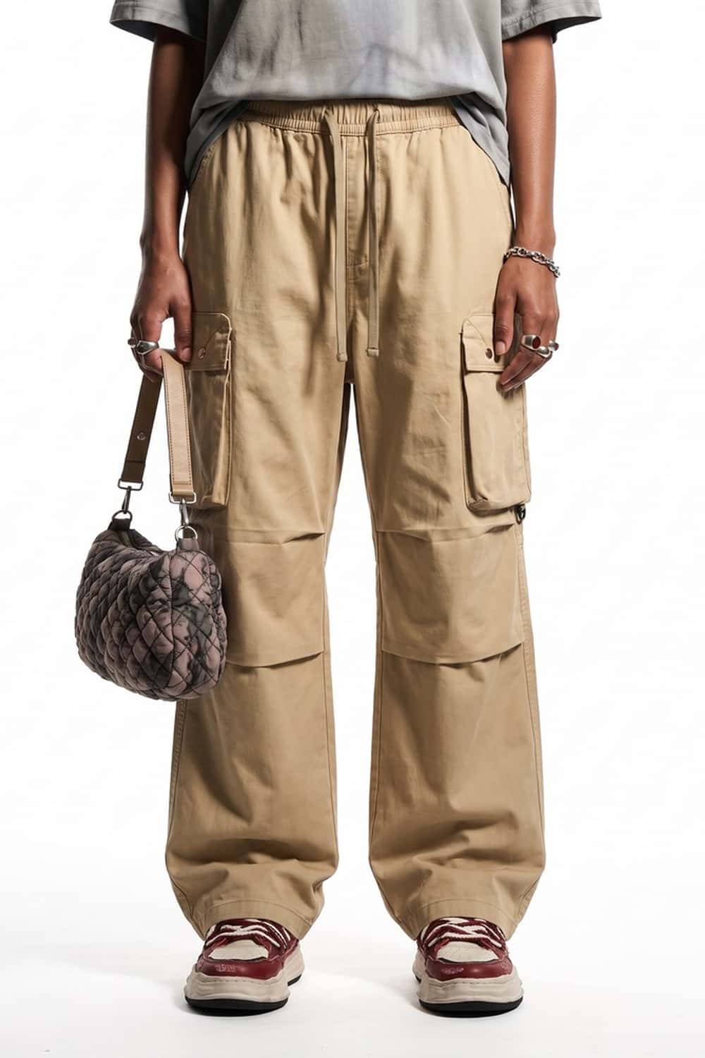 Drawstring Wide-Leg Cargo Trousers in Khaki - front modeled view
